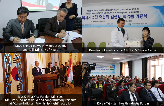 1.	MOU signed between Medicity Daegu and Tajik Ministry of Health / 2.	Donation of medicines to Children’s Cancer Center / 3.	R.O.K. First Vice Foreign Minister, Mr. Lim Sung-nam delivering congratulatory remarks (at “Korea-Tajikistan Friendship Night” reception) / 4.	Korea-Tajikistan Health Industry Forum 